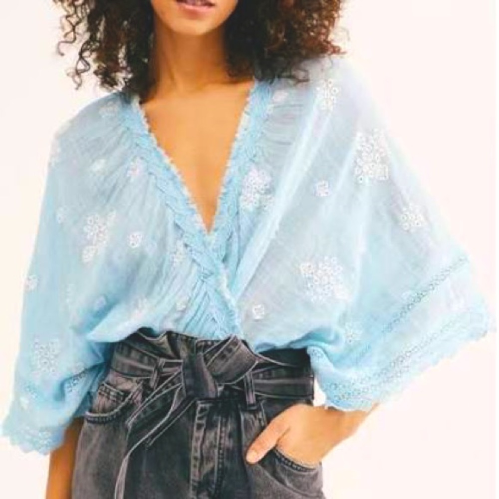 Free People Love Somebody Gauze Embroidered Top in Misty Morning Size XS